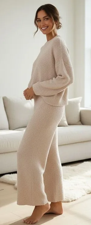 SKIMS Cozy Knit Wide Leg Lounge Pants Beige L XL Fuzzy Cozy‎ Comfortable Winter thumbnail 1