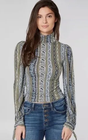 Free People “Donatella” Mock Turtleneck Paisley + Stripe Top – Size Medium thumbnail 1