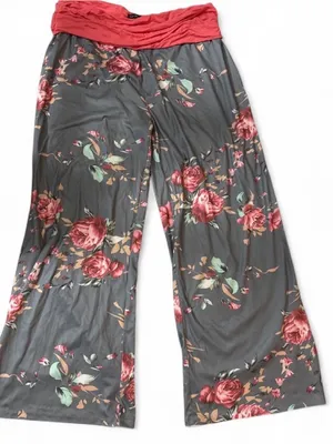 Wide Leg Floral Lounge Pants with Coral Waistband - Gray Floral thumbnail 1