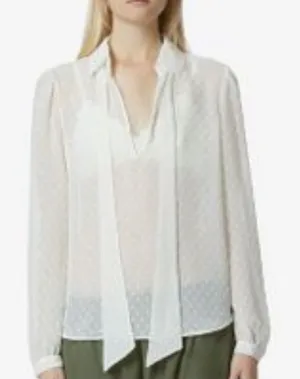 Avec Les Filles Sheer Textured Dot Tie Neck Blouse in Ivory Medium thumbnail 1