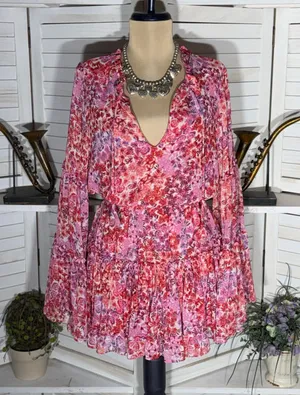 Misa Los Angeles chiffon babydoll floral mini dress Angel sleeves boho Fairy XS thumbnail 1