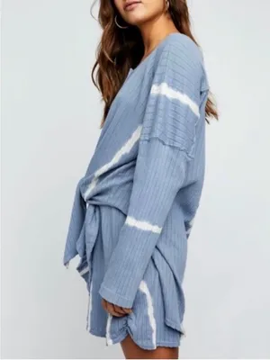 Free People Sleep Set Size XS Blue‎ Combo Rib Long Sleeve Shorts Outfit Coquette thumbnail 13