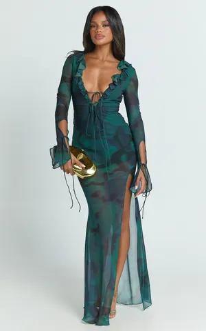 New Showpo Katie Maxi Dress - Ruffle Plunge Neck Long Sleeve Dress Size Small thumbnail 3