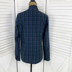 Tommy Hilfiger Plaid Ruffle Cuff Trim Button Front‎ Shirt Green Navy Medium thumbnail 4