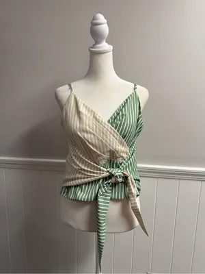Mare Mare x Anthropologie Tie Front Striped Wrap Tank Top Green Beige Medium thumbnail 13