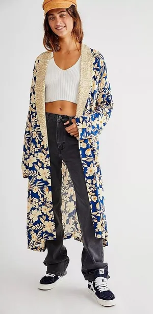 FREE PEOPLE Wild Nights Floral Blue Yellow Duster Kimono NWT size Medium thumbnail 1
