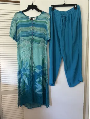 Phool Womens Blue Green Floral Stripe Sheer Tunic & Wide Leg Pant Set Rayon LG‎ thumbnail 1