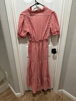 Max Studio Smocked Red Gingham Maxi Dress with Ruffle Trim thumbnail 8