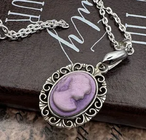 Purple Cameo Pendant Necklace Vintage Style Silver Tone Chain thumbnail 1