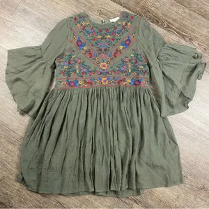 Altar’d State Tunic Top Women Olive Green Floral Embroidered Flowy Ballon Sleeve thumbnail 1