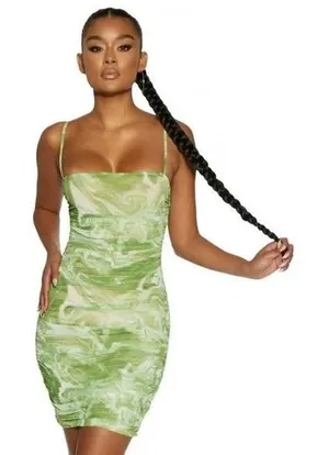 Naked Wardrobe Ruched Mesh Bodycon Mini Dress‎ Green Swirl Print Size S thumbnail 1