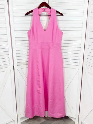 Jessica Howard Linen Blend Pleat Waist‎ Open Back Halter Maxi Dress Pink 14 thumbnail 8