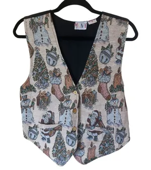 MLNY‎ Vintage Christmas Vest Santa Snowman Tapestry Holiday Waistcoat Medium thumbnail 1