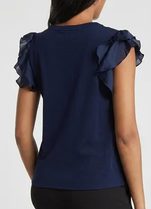 Vince Camuto Knit Top Womens XS Navy‎ Blue Ruffle Sleeve Chiffon Trim Blouse thumbnail 1