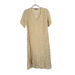 Flax 100% Linen Beige Tan Gingham Midi Dress Coastal Lagenlook Womens Small thumbnail 3