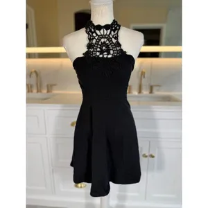 Crochet Halter Mini Dress Womens XS Black Fit Flare Boho Goth LBD Festival party thumbnail 3