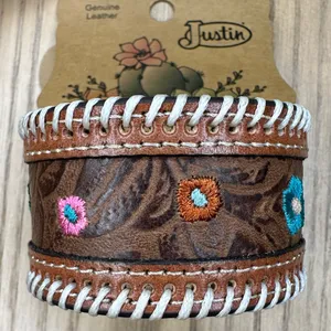 Justin Boots NWT Justin Brown Tooled Leather Cuff Bracelet with Floral Embroidery thumbnail 3