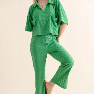 ✨NWT And The Why Brushed Texture‎ Checker Board Pattern Casual Top Green Size M thumbnail 5