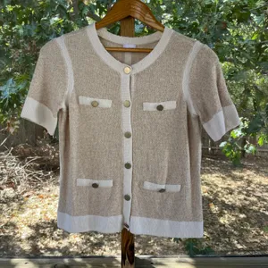 Ecru Women's Beige And White Knit Short Sleeve Cardigan Size S thumbnail 1