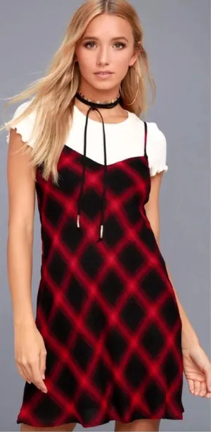 Lulus Red and Black Plaid Rayon Slip Dress size medium thumbnail 1