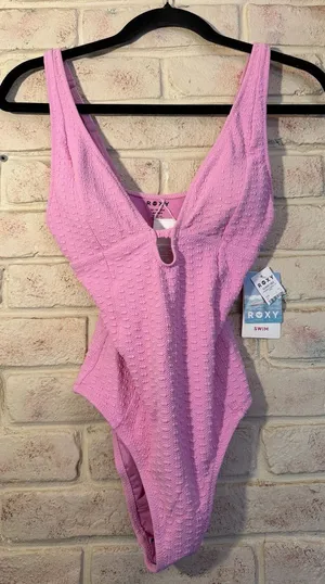 Roxy Haleiwa Plunge One-Piece Swimsuit in Pink Textured Fabric thumbnail 1