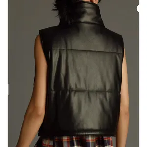 Anthropologie Faux Leather Puffer Vest Black Cropped Full Zip Pockets Size Small thumbnail 3