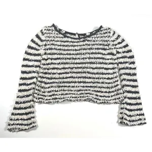 Free People Downy XS Striped Knit Pullover Bell Sleeve Sweater Grey Ivory EUC thumbnail 2