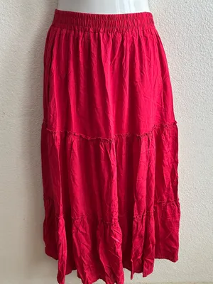 Tiered Pockets Solid Red Color High Waist Flowy Boho Mid Skirt M thumbnail 3