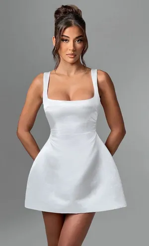 NWT Babyboo Sofie Ivory Satin Square Neck Fit & Flare Mini Dress Womens Size XS thumbnail 1