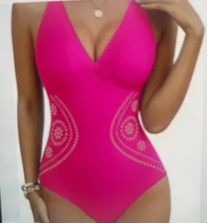 BMJL Stylish pink one-piece swimsuit featuring elegant embroidery. Perfect for beach days. thumbnail 1