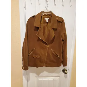 H&M womens biker jacket size US 14 brown zip long sleeve solid thumbnail 3