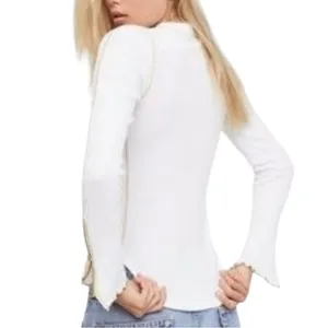 Free People Women’s Size XS White Gold Zipper Cuff Thermal Crewneck Top Shirt thumbnail 4