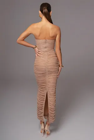 NWT Champagne Metallic Mesh Maxi Dress Tan thumbnail 7