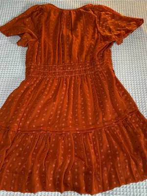 Anthropologie Fall Orange Polka V-Neck Short Sleeve Smocked Waist Short Dress L thumbnail 11