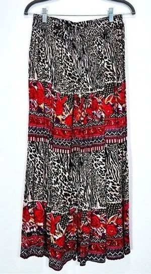 Vintage Flowy‎ Animal Print Boho Eclectic Artsy Pull On Maxi Skirt Maximalism thumbnail 1