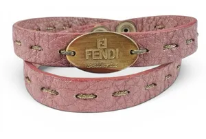 Fendi Pink Leather Selleria Wrap Bracelet 7in Gold Tone Logo Snap Designer thumbnail 1