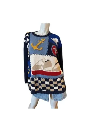 1980s Nautical Maritime Sailing Vintage Sailboat Whimsical Lagenlook Sweater thumbnail 2
