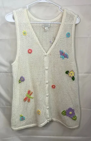Vintage Christopher & Banks cream crocheted button butterfly floral sweater vest thumbnail 1