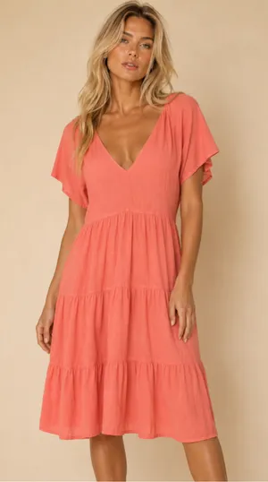 Universal Threads Linen Tiered Mini Dress Coral XL Boho Vaca Beachy Romantic Chic thumbnail 1