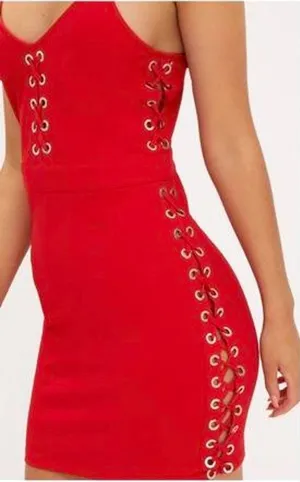 PrettyLittleThing Red Lace-Up Mini Dress thumbnail 1