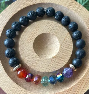 Handmade Black Lava Bead Bracelet with Rainbow Crystal Accent thumbnail 1