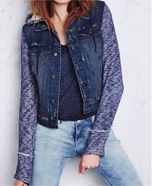Free People knit-sleeved hooded denim jacket sz M thumbnail 1