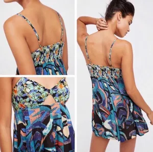 Free People Abstract Print Front Cut Out Smocked Flowy Romper thumbnail 2