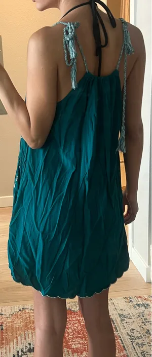 Forever 21 Blue Green Teal White Lace Embroidered Boho Bohemian Flowy Summer Mini Dress thumbnail 2