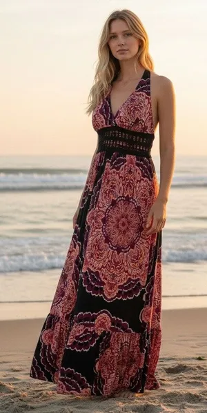 BISOU BISOU Baby Doll Boho Artsy Y2K Maxi Dress Crochet Halter 8 Michele Bonbot thumbnail 1
