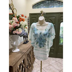 Express Blue Floral Top with Sheer Butterfly Sleeves – Women's Size Small thumbnail 2