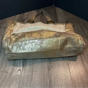 TORY BURCH Tote Bag Cable Knit METALLIC GOLD TRIM Wool Silk Lining Horse READ! thumbnail 11