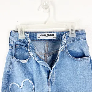 SOCIAL TOURIST Blue Ultra High Rise Baggy Hearts Patches Wide Leg Jeans 26 Boho thumbnail 6