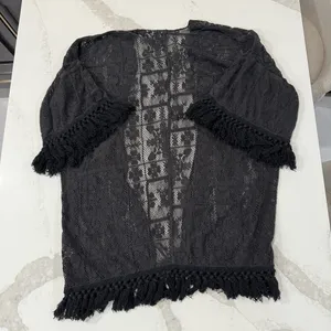 Aerie Crochet Lace Fringe Hem Kimono Women’s M/L Black Floral Swim Coverup Boho thumbnail 11