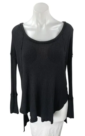 Free People Black Long Sleeve Waffle Knit Thermal Scoop Neck Sweater Top Size M thumbnail 1